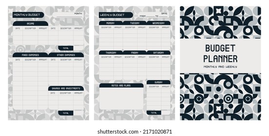 Unisex monthly and weekly budget planner in geometrical style. Printable financial planner for men and women for controle the income and expenses. 