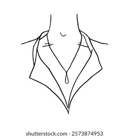 unisex neck and upper chest with teardrop pendant and shirt with open top buttons - hand drawn line art sketch