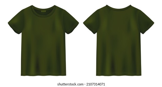 Unisex olive color t shirt mock up. T-shirt design template. Short sleeve tee. Front and back views. Vector illustration.