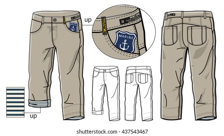 Unisex outlined pants template  front & back view, vector illustration