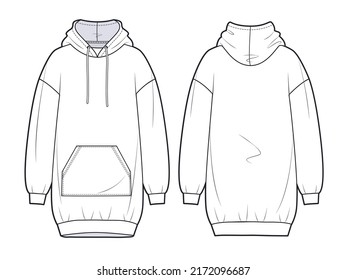 Sudadera Unisex sobremedida con capucha. Dibujo técnico plano de los pies de los sudaderas. Funda plana de sudor frontal y posterior, color blanco. Un simulacro de CAD de Unisex.