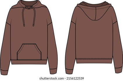 Unisex Oversize Hooded Sweatshirt. Sweatshirt  Technical Fashion Illustration With Cord. Flat Apparel Sweat Template Front And Back, Brown Colour. Unisex CAD Mock-up.