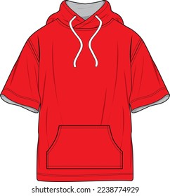 Sudadera Unisex sobremedida con capucha. Ilustración de moda técnica de sudaderas con cordón. Delantera de la plantilla de sudor de ropa plana, color rojo. Un simulacro de CAD de Unisex.