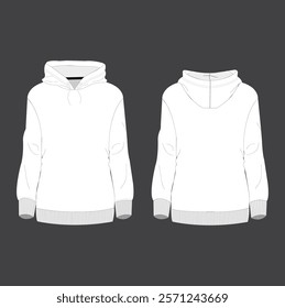 Unisex Oversize Hooded Sweatshirt. Sweatshirt technical fashion illustration with cord. Flat apparel sweat template front and back, white color. Unisex CAD mock-up.
