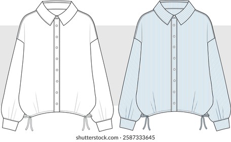 Unisex oversize Shirt technical fashion Illustration, striped pattern. Shirt fashion technical drawing template, button, oversize, women, men, unisex CAD mockup.