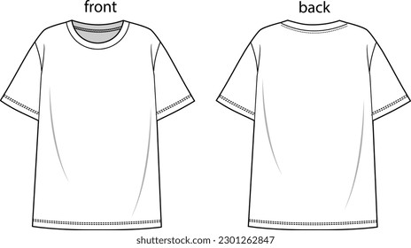 unisex oversize t-shirt drawing, front and back plain t-shirt template, white color, basic wear, t-shirt CAD