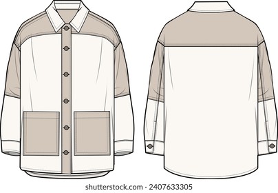 Unisex Oversized Color Block Shacket- Technical fashion illustration. Front and back, ecru-beige color. Unisex CAD mock-up