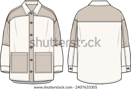 Unisex Oversized Color Block Shacket- Technical fashion illustration. Front and back, ecru-beige color. Unisex CAD mock-up