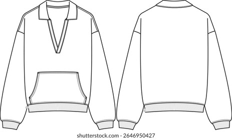 Unisex enorme velo polo suéter com bolso canguru, silhueta borbulhante e ombros caídos, mangas compridas, bainha de colarinho com nervuras e punhos, esboço frente e atrás, vetores
