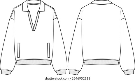 Unisex oversized fleece polo sweater with welt pockets, bubbly silhouette, dropped shoulder, long sleeves, ribbed collar hem and cuff, sketch front and back, vectors
