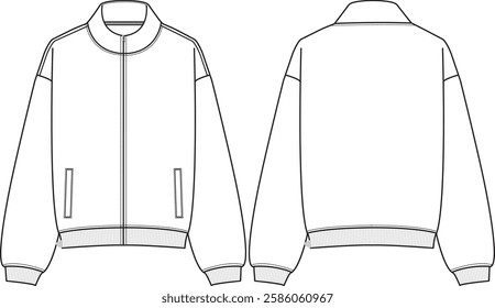 Unisex Oversized high collar full zip jacket with dropped shoulder, hand welt pockets, ribbed cuff and hem, sketch front and back, vectors