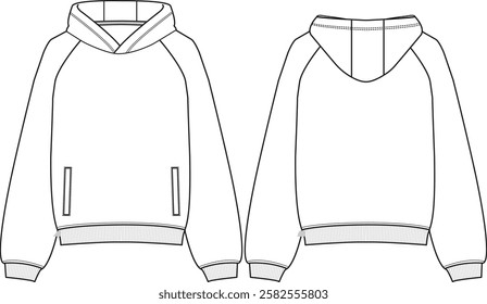 Unisex Oversized Raglan pull-over fleece hoodie, long sleeves, ribbed cuffs and ribbed hem, welt pockets, bubble silhouette, sketch front and back, vectors