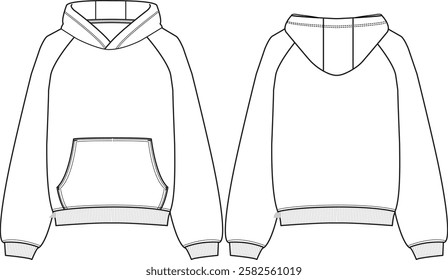 Unisex Oversized Raglan pull-over fleece hoodie, long sleeves, ribbed cuffs and ribbed hem, kangaroo pocket, bubble silhouette, sketch front and back, vectors