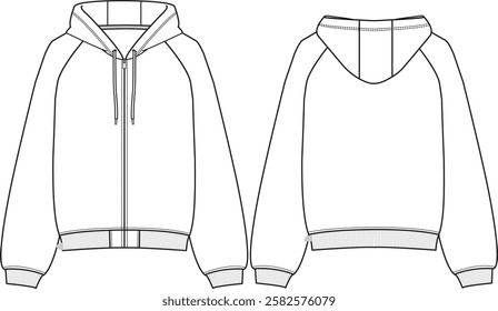 Unisex Oversized Raglan Zip-up fleece hoodie, long sleeves, ribbed cuffs and ribbed hem, zippered closure, bubble silhouette, sketch front and back, vectors