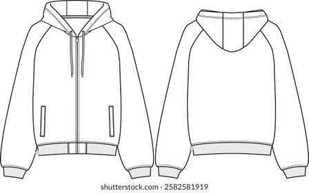 Unisex Oversized Raglan zip-up fleece hoodie, long sleeves, ribbed cuffs and ribbed hem, welt pockets, bubble silhouette, sketch front and back, vectors