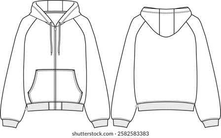 Unisex Oversized Raglan zip-up fleece hoodie, long sleeves, ribbed cuffs and ribbed hem, kangaroo pockets, bubble silhouette, sketch front and back, vectors