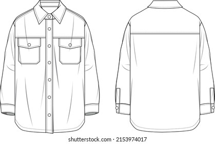 Unisex Oversized Shacket- Shacket technical fashion illustration. Flat apparel jacket template front and back, white color. Unisex CAD mock-up