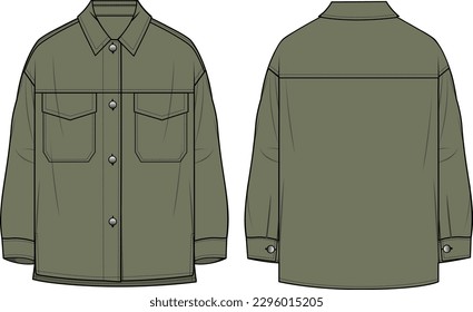 Unisex Oversized Shacket- Technical fashion illustration. Front and back, khaki color. Unisex CAD mock-up