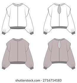 Women’s, Unisex Oversized Sweatshirt Technical Flat Sketch with extended shoulder and raffle details, and Front and Back CAD Template, mockup