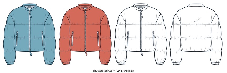 Unisex pombró la moda técnica de Jacket Ilustración. Moda recortada de Jacket modelo planas de dibujo técnico, bolsillo, vista frontal y trasera, blanco, azul, naranja, mujeres, hombres, conjunto de maquillaje CAD unisex.