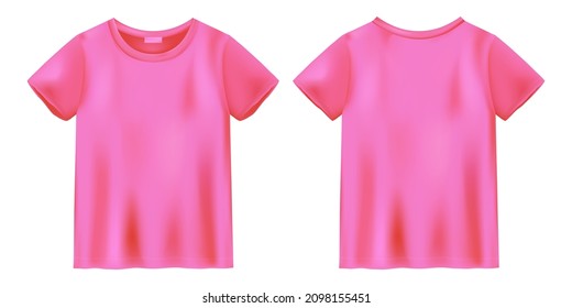 Unisex pink t shirt mock up. T-shirt design template. Short sleeve tee. Front and back views. Vector illustration.