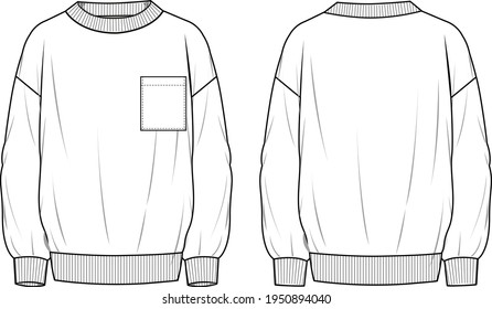 Sudadera sobredimensionada con detalles delanteros de bolsillo de Unisex. Ilustración técnica de Sweatshirt. Funda plana de sudor de la plantilla de delante y detrás, color blanco. Un simulacro de CAD de Unisex.