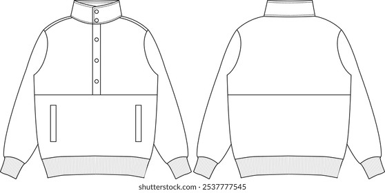 Suéter polar unisex con abertura de broches de presión, bolsillo ribeteado y bandas costeras