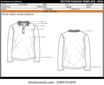 UNISEX POLO NECK LONG SLEEVE SKETCH FASHION TEMPLATE TECHNICAL ILLUSTRATION