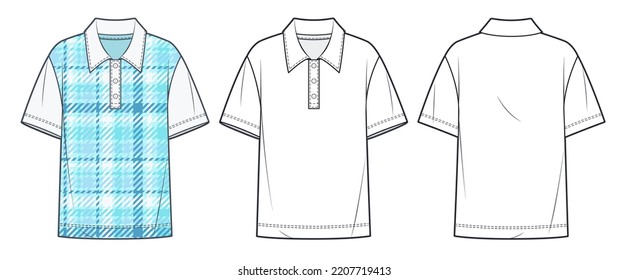 Unisex Polo Shirt technical fashion Illustration, plaid design. Polo Shirt fashion flat sketch template, short sleeve, collar, buttons, oversize, front and back view, white, CAD mockup set.