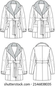 Unisex Pu Fur Collar Trench Coat  Coat technical fashion illustration  Flat apparel coat template front   back  white color  Unisex CAD mock  up 