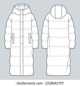 Unisex Puffer Coat technical fashion Illustration  Hooded quilted padded down Jacket technical drawing template  long sleeve  pocket  front   back view  white  women  men  unisex CAD mockup 