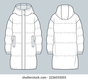 Unisex Puffer Coat technical fashion Illustration  Hooded quilted padded Down Jacket technical drawing template  long sleeve  pockets  front   back view  white  women  men  unisex CAD mockup 