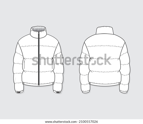 UNISEX PUFFER JACKET -\
Fashion Vector Drawing, Flat Sketch, Fashion Template for adobe\
Illustrator