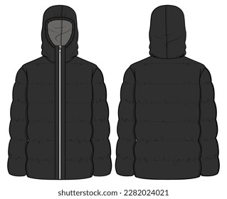 Unisex Puffer Jacket  Winter Jacket Front   Back View Fashion Illustration  Vector  CAD  Technical Drawing  Flat Drawing  Template  Mockup 