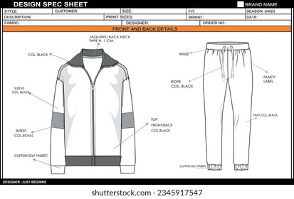 UNISEX PYJAMA FULL ZIPPER FLAT SKETCH FASHION TEMPLATE TECHNICAL DRAWING ILLUSTRATION