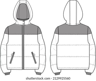 Unisex Quilted  Contrast Colour Hooded Zip  up Puffer Jacket  Jacket technical fashion illustration  Flat apparel jacket template front   back  white color  Unisex CAD mock  up 