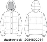 Unisex Quilted Hooded Puffer Jacket. Jacket technical fashion illustration. Flat apparel jacket template front and back, white color. Unisex CAD mock-up.