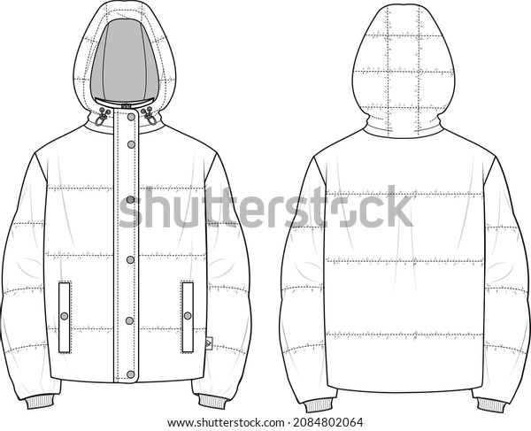 Unisex Quilted Hooded Puffer\
Jacket. Jacket technical fashion illustration. Flat apparel jacket\
template front and back, white color. Unisex CAD\
mock-up.