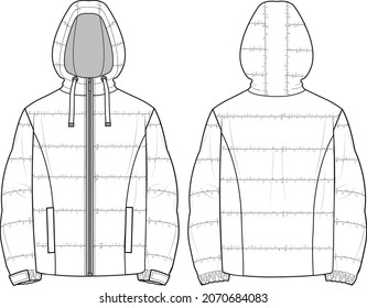 Unisex Quilted Hooded Zip  up Puffer Jacket  Jacket technical fashion illustration  Flat apparel jacket template front   back  white color  Unisex CAD mock  up 