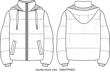 Unisex Quilted Hooded Zip  up Puffer Jacket  Jacket technical fashion illustration  Flat apparel jacket template front   back  white color  Unisex CAD mock  up 