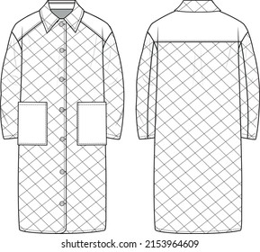 Unisex Quilted Long Duvet  Coat technical fashion illustration  Flat apparel coat template front   back  white colour  Unisex CAD mock  up 