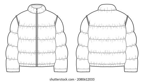 Unisex quilted padded jacket long sleeve bomber down jacket flat sketch front   back view vector template