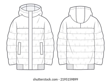Unisex quilted padded Jacket technical fashion Illustration  Hooded puffer down Jacket technical drawing template  raglan long sleeve  front   back view  white  CAD mockup 