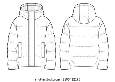 Unisex quilted padded Jacket technical fashion Illustration  Hooded crop puffer down Jacket technical drawing template  long sleeve  pocket  front   back view  white  women  men  unisex CAD mockup 
