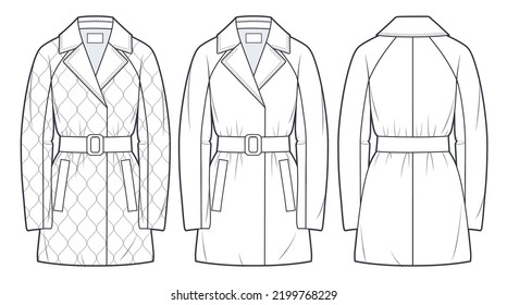 Unisex quilted padded Jacket technical fashion Illustration. Down Belted Coat technical drawing template, raglan sleeve, pocket, front and back view, white, women, men, unisex CAD mockup.