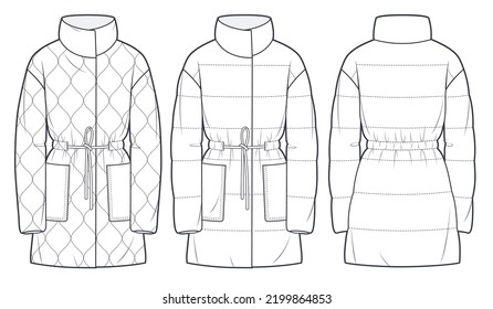 Unisex quilted padded Jacket technical fashion Illustration   Oversize Down Coat technical drawing template  long sleeve  pockets  belted  front   back view  white  women  men  unisex CAD mockup 