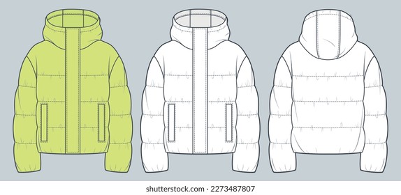 Unisex quilted padded Jacket technical fashion Illustration  Hooded down Jacket technical drawing template  crop  pocket  front   back view  white  yellow  women  men  unisex CAD mockup set 