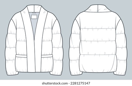 Unisex quilted padded Jacket technical fashion Illustration  Down Jacket  Outerwear technical drawing template  pocket  front   back view  white  women  men  unisex CAD mockup 