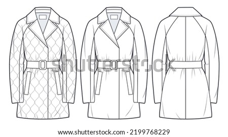 Unisex quilted padded Jacket technical fashion Illustration. Down Belted Coat technical drawing template, raglan sleeve, pocket, front and back view, white, women, men, unisex CAD mockup.