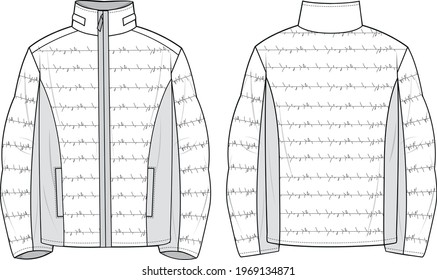Unisex Quilted Puffer Jacket  Jacket technical fashion illustration  Flat apparel jacket template front   back  white color  Unisex CAD mock  up 